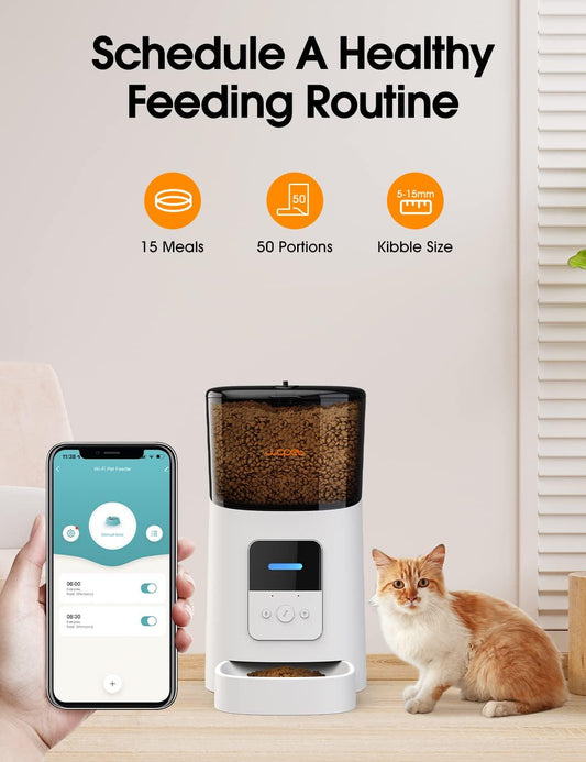 WOPET Alimentador Automático para Gatos y Perros 6L, Alimentador Automático con Control por App WiFi para Alimentación Remota, Dispensador de Comida para Mascotas con Sensor de Comida Baja y Grabadora de Voz, Hasta 15 Comidas por Día (Blanco) - YETEK