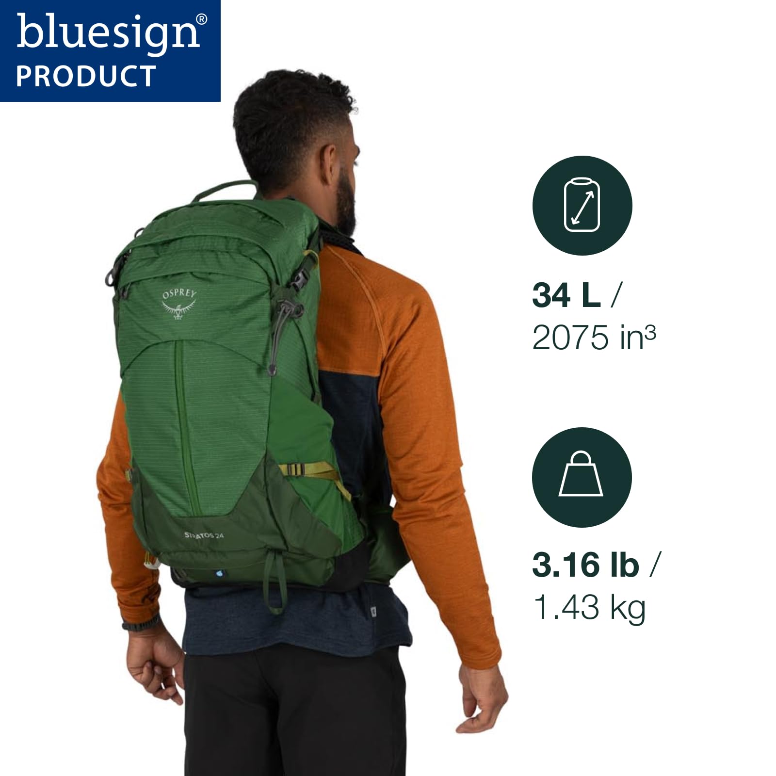 Mochila de senderismo Osprey Stratos 34L para hombre, ligera y ventilada, con funda impermeable y sistema AirSpeed - YETEK