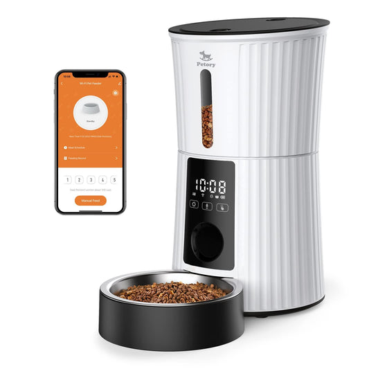 Petory Alimentador Automático para Gatos con Wi-Fi - Dispensador de Comida Seca de 4L para Gatos y Perros, 10 Comidas por Día, Alimentador Inteligente con Bolsa Desecante, Doble Fuente de Alimentación, Grabadora de Voz de 10 Segundos - YETEK