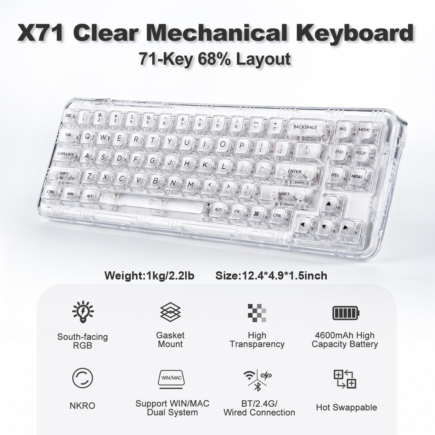 Teclado Mecánico YUNZII X71 68% | Transparente RGB, Triple Conectividad, Hot-Swap | Gaming y Diseño Crystal