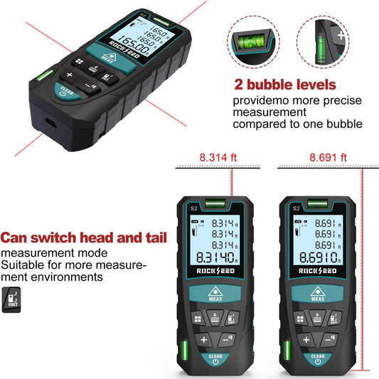 Medidor Láser RockSeed 165ft, Medidor de Distancia Digital con Niveles de Burbuja, Pantalla LCD Retroiluminada, IP54 a Prueba de Agua y Polvo - YETEK