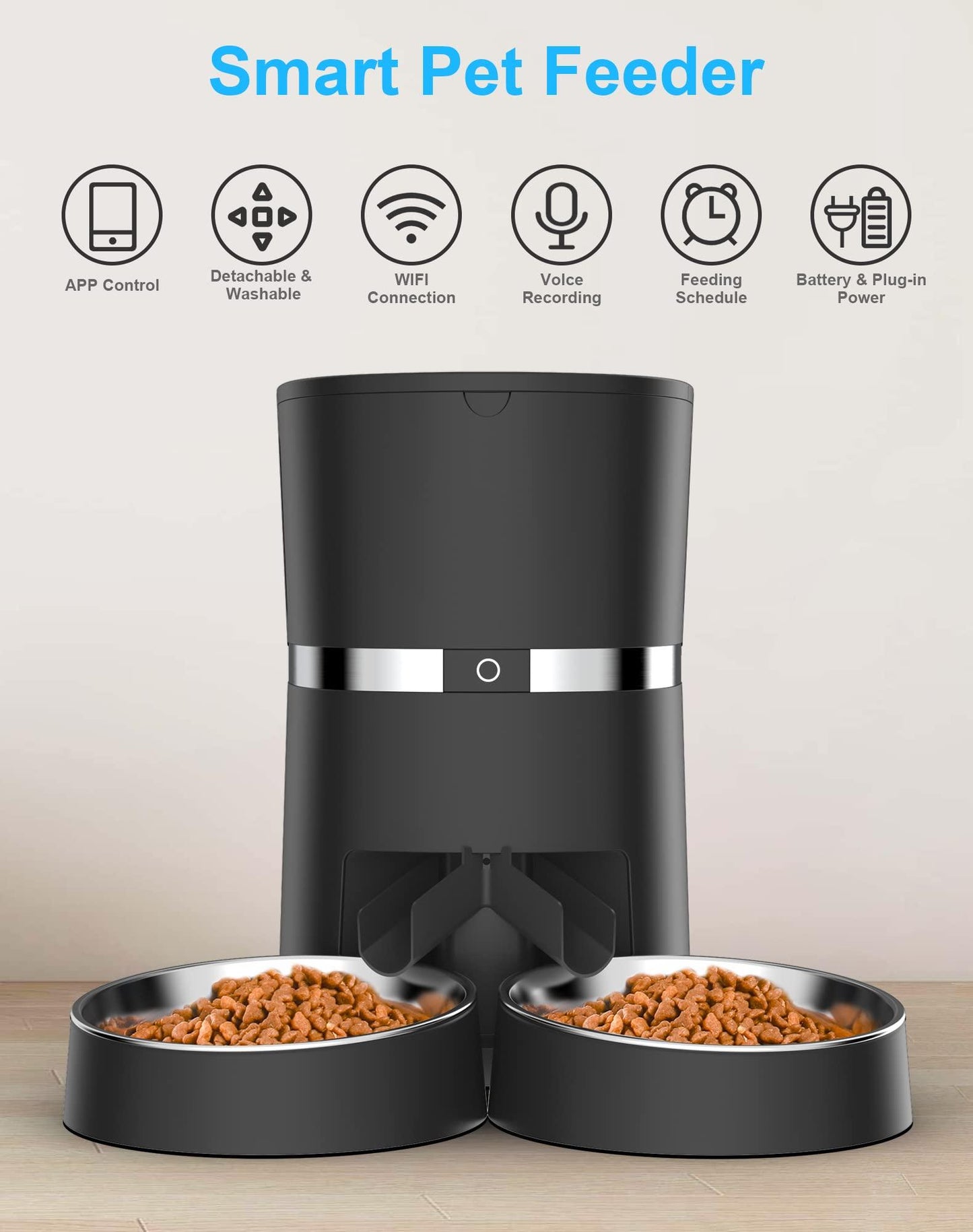 Alimentador Automático Inteligente para Gatos y Perros WellToBe con WiFi, Control por App, Separador de Comida y Dos Cuencos, Grabadora de Voz, Alarmas de Distribución, Control de Porciones - YETEK