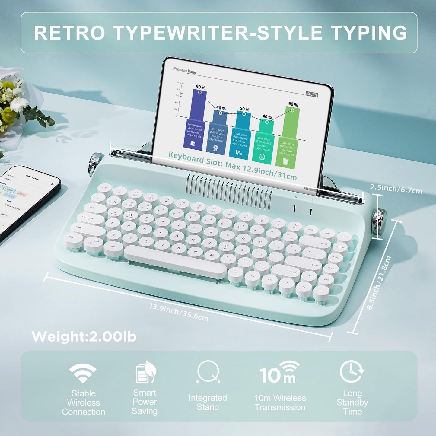 Teclado Retro YUNZII B303 | Estilo Máquina de Escribir, Bluetooth 5.0, Soporte Integrado | Diseño Vintage Mint