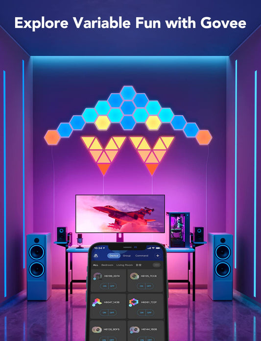 Govee Glide Hexa Light Panels - Paneles LED Hexagonales RGBIC, Control por Wi-Fi, Sincronización Musical, Compatible con Alexa y Google Assistant, 10 Pack - YETEK