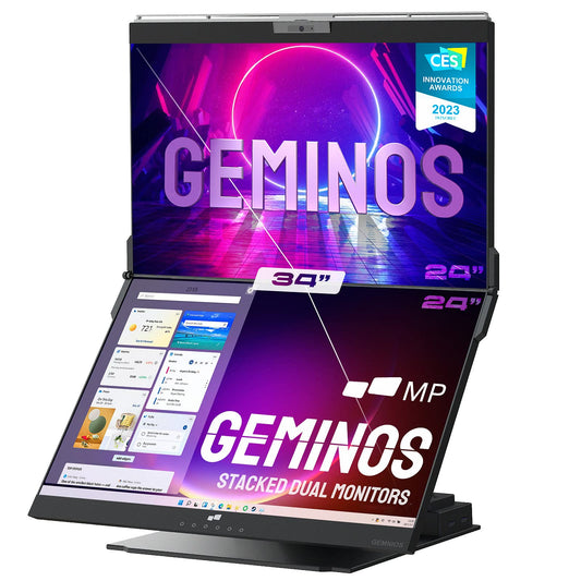 Monitores Duales Apilados IPS de 24" Geminos - Carga USB-C 65W, Webcam 1080P y Altavoces