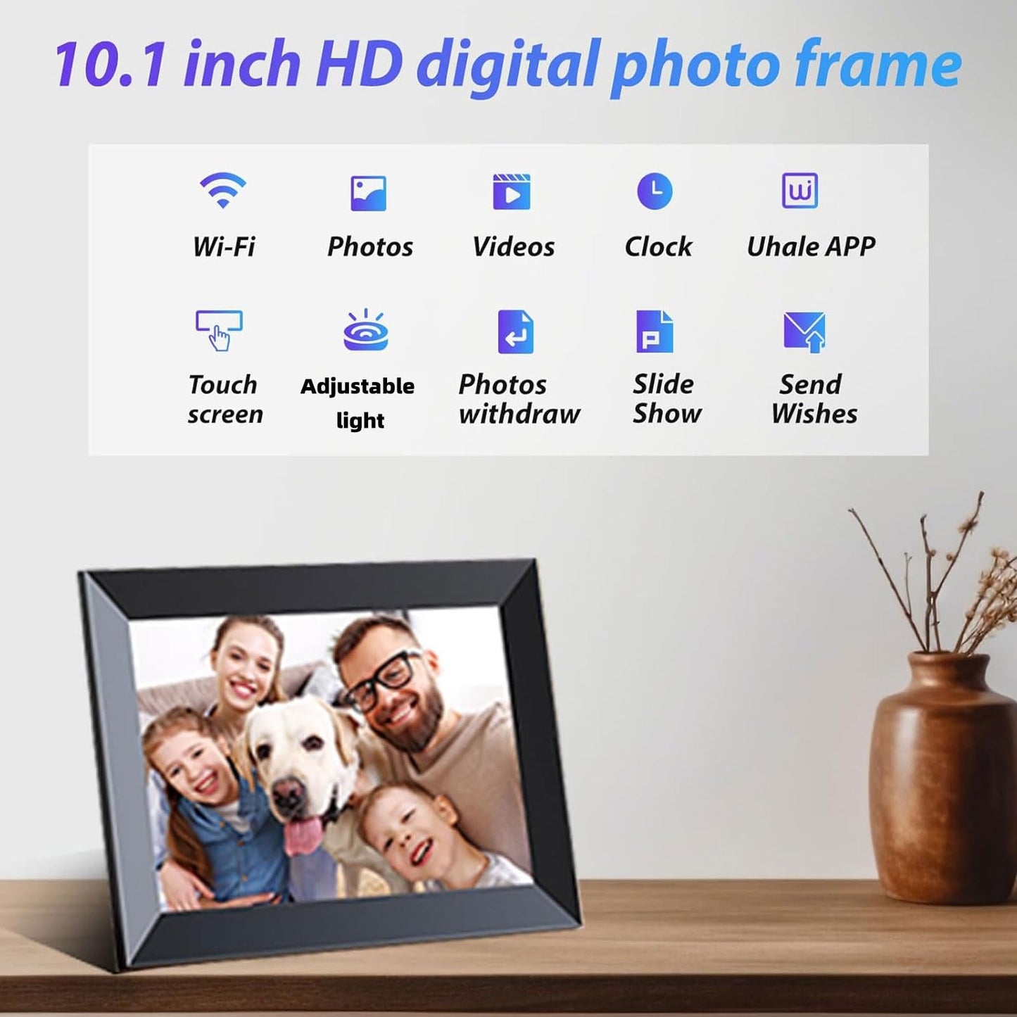 Marco de Fotos Digital Uhale WiFi 10.1” HD IPS - Pantalla táctil, Almacenamiento interno, Conexión vía APP, Regalo ideal para ocasiones especiales