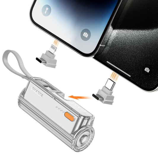 sharge Flow Mini cargador portátil, 5000 mAh pequeño banco de energía con enchufes intercambiables y cable integrado, batería externa USB-C de doble salida compatible con iPhone 15/14/13, iPad, Galaxy S24/23 Ultra - YETEK