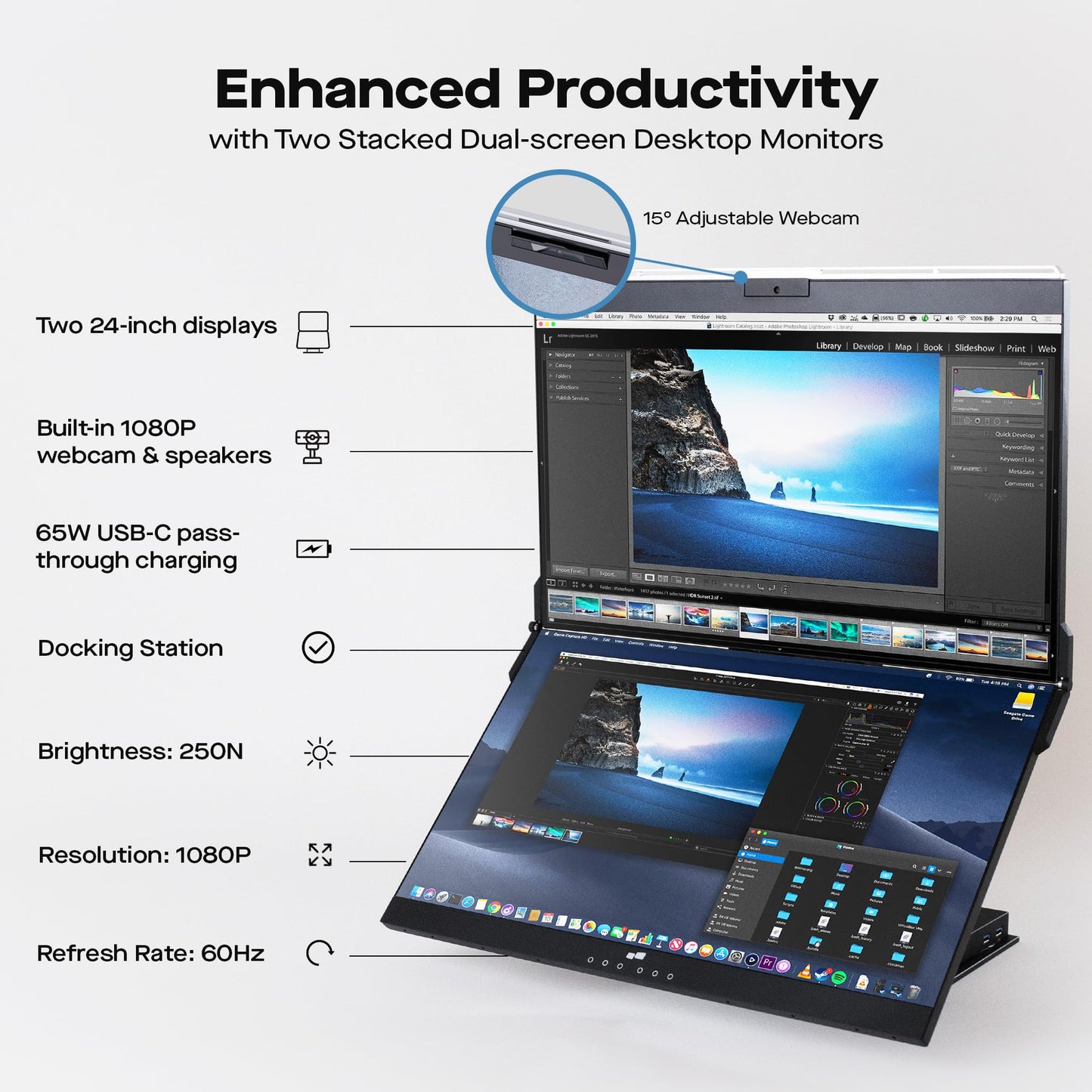 Geminos 24" IPS Stacked Dual Monitors - 65W USB-C Charging, 1080P Webcam and Speakers