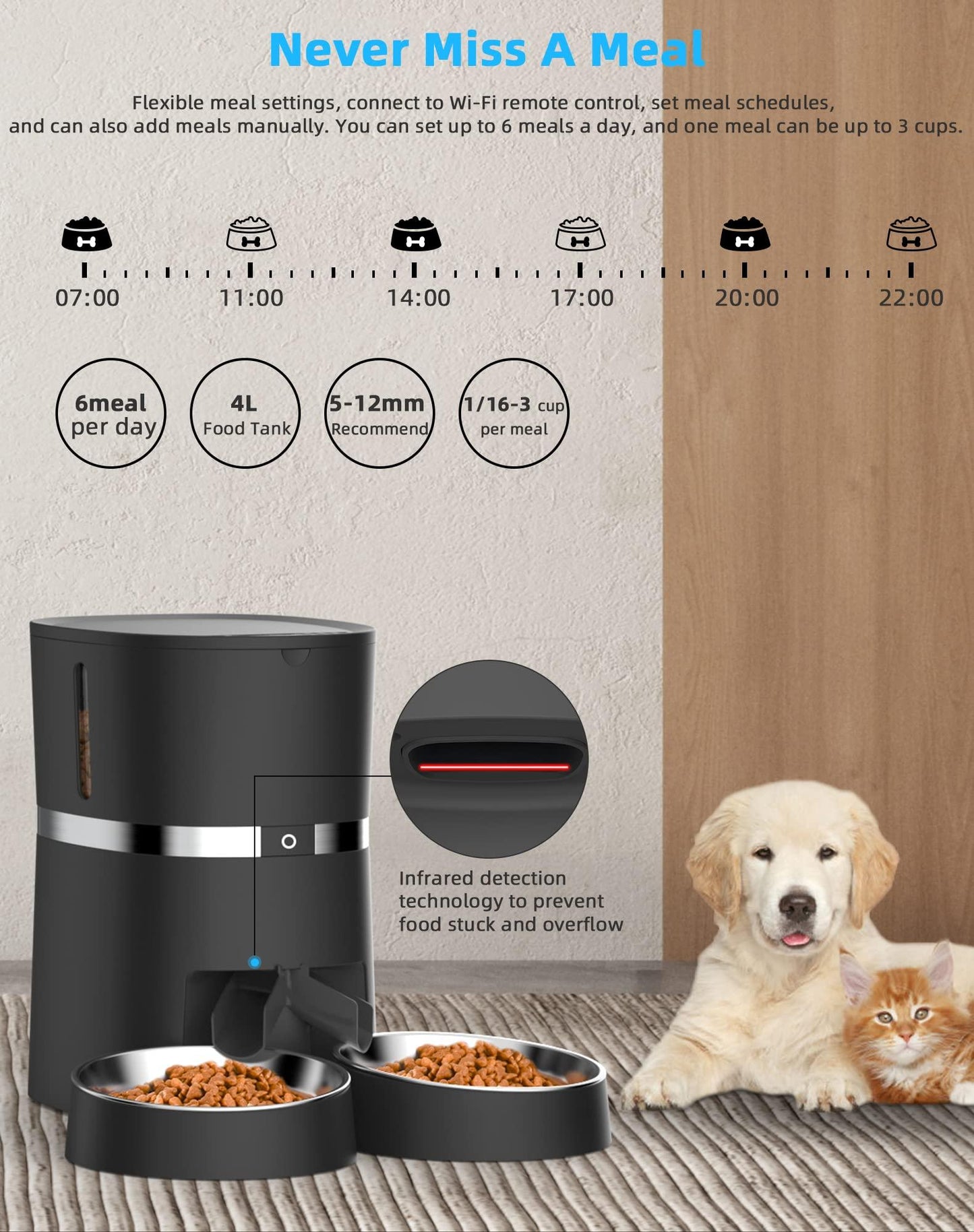 Alimentador Automático Inteligente para Gatos y Perros WellToBe con WiFi, Control por App, Separador de Comida y Dos Cuencos, Grabadora de Voz, Alarmas de Distribución, Control de Porciones - YETEK