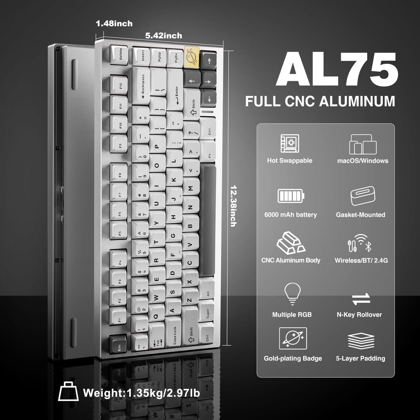 Teclado Mecánico YUNZII AL75 75% | Aluminio Premium, Triple Conectividad, RGB Personalizable | Para Gaming y Trabajo Profesional